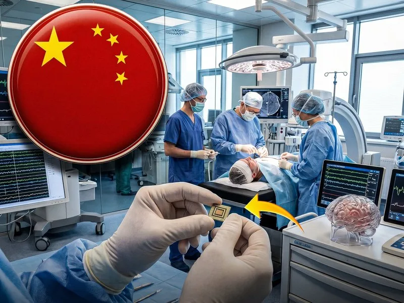 Cercetători efectuează o intervenție chirurgicală pentru implantarea unui cip cerebral în China.