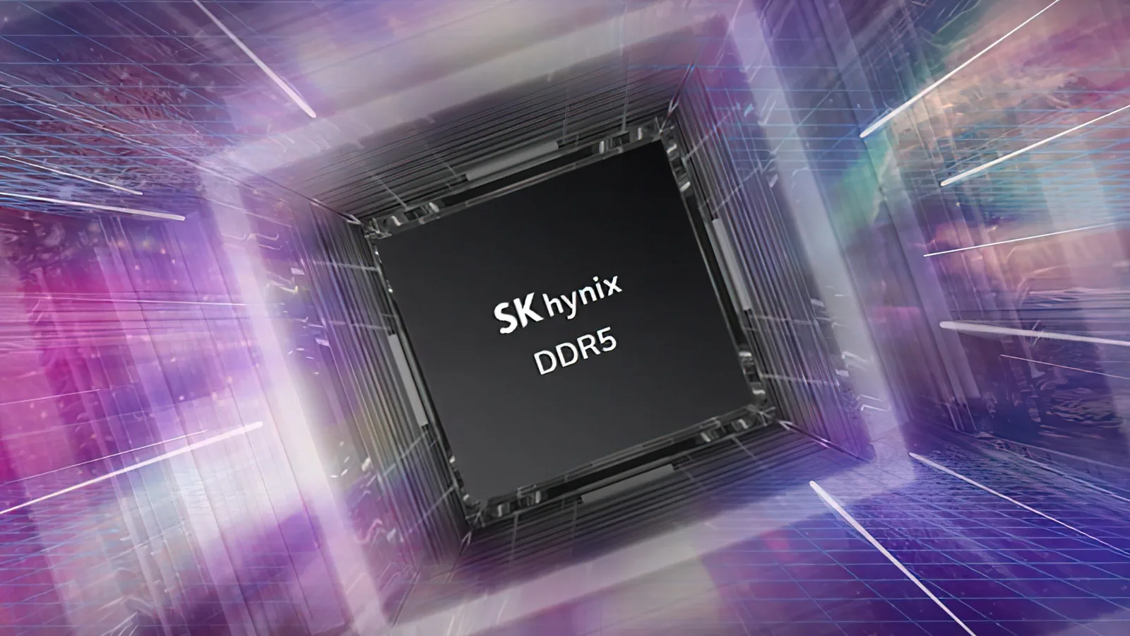 Cip DDR5 Hynix M-Die într-un mediu futurist, evidențiind tehnologia avansată.