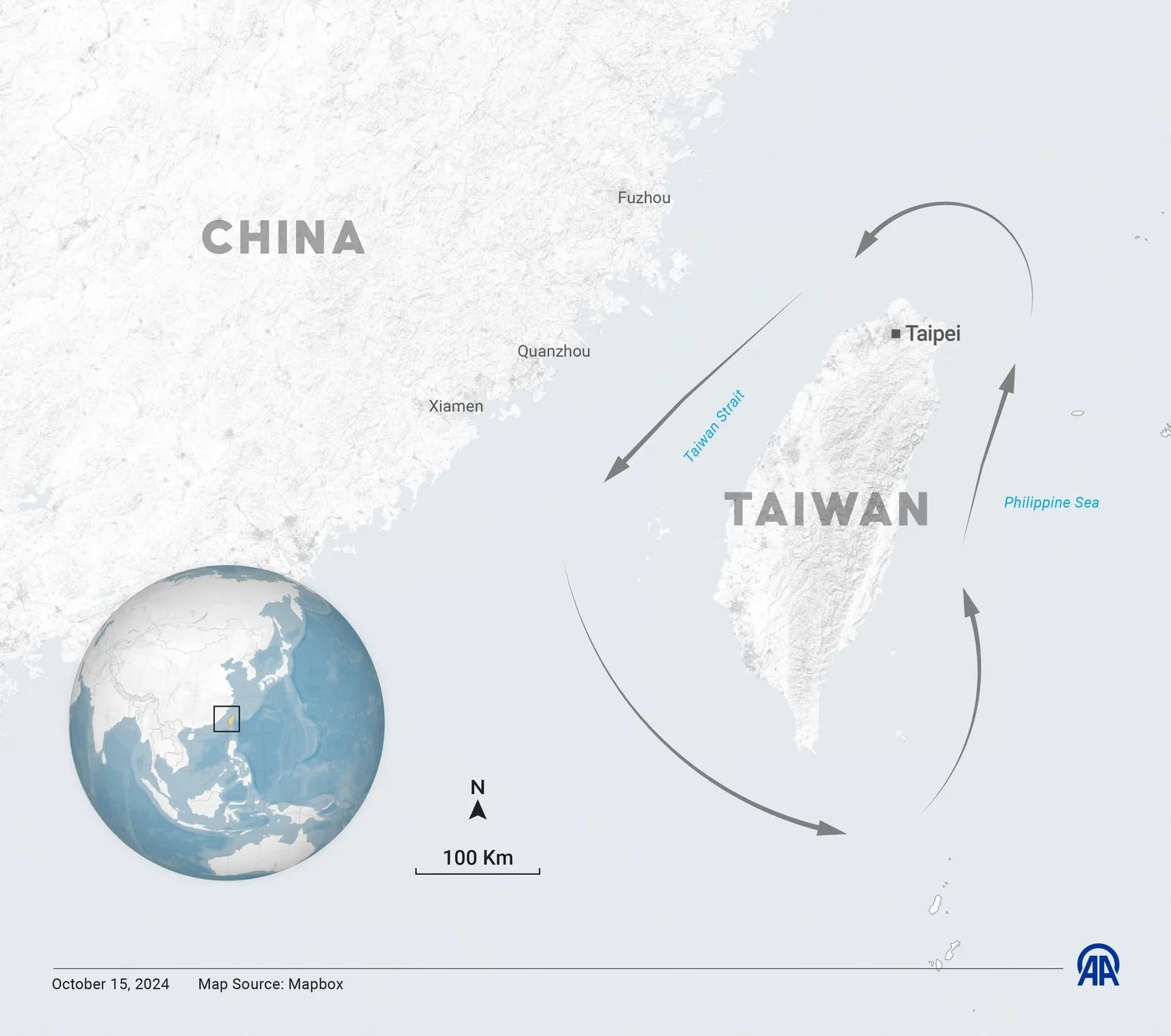 Hartă a strâmtorii Taiwan, evidențiind rutele aeriene și maritime importante.