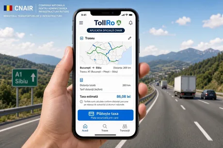 Aplicația TollRo pe un telefon mobil, afișând traseul și taxa estimată.