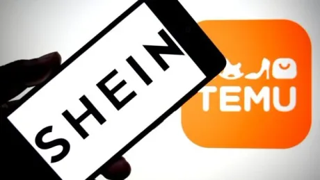 Logo-urile platformelor Shein și Temu pe un fundal comun
