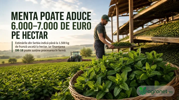 Plantație de mentă cu recoltă proaspătă și utilaje agricole în fundal.