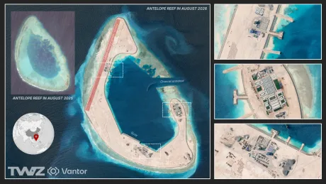 Reciful Antelope transformat în insulă artificială cu infrastructură militară avansată.