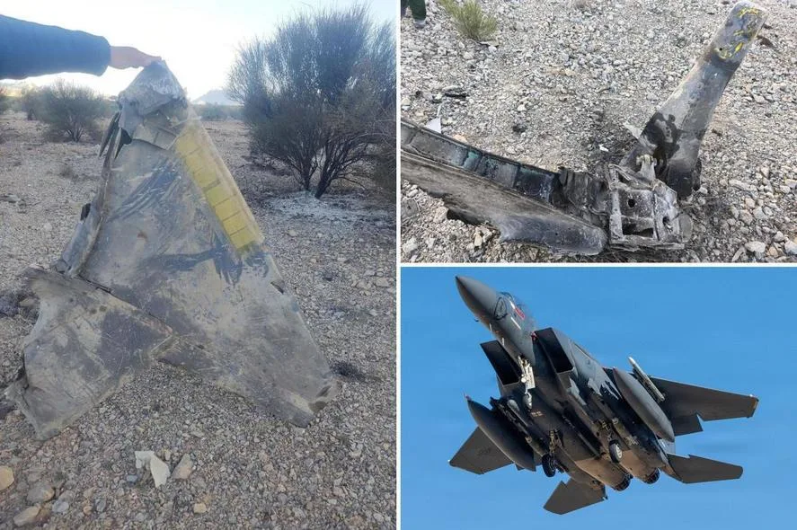 Resturi ale unui avion de luptă F-15E într-un peisaj arid.