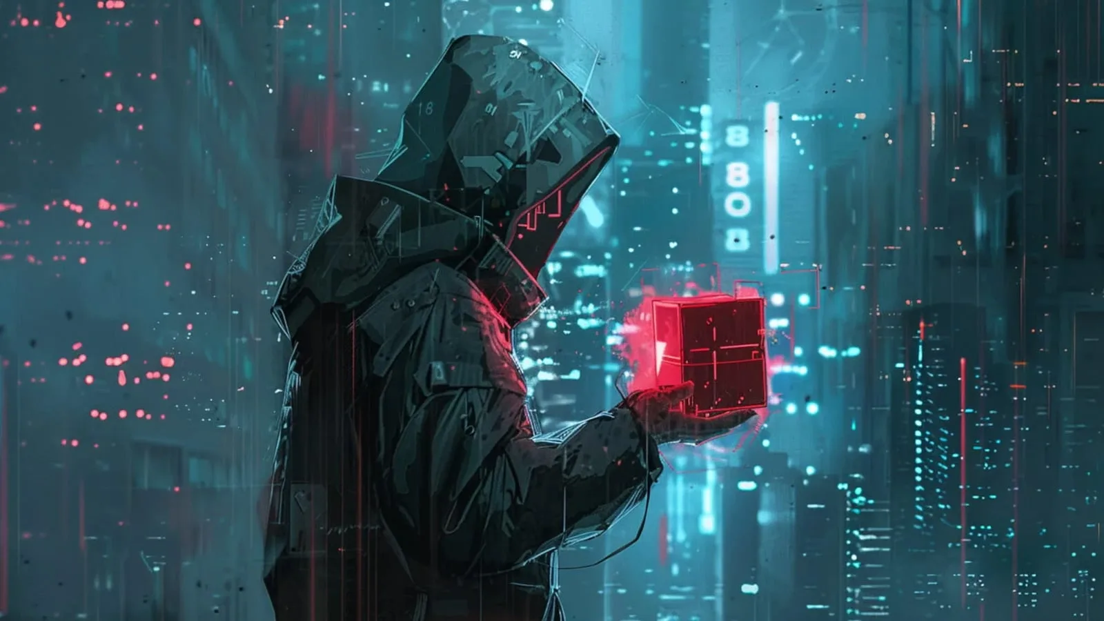 Atacator cu un dispozitiv roșu într-un mediu digital futurist, simbolizând amenințările cibernetice.