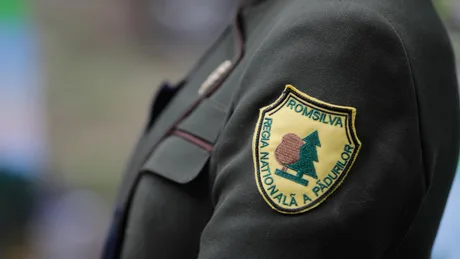 Logo-ul Romsilva pe uniforma unui angajat, simbolizând gestionarea pădurilor.