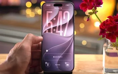 Ecranul unui iPhone 18 Pro cu un fundal elegant și flori.