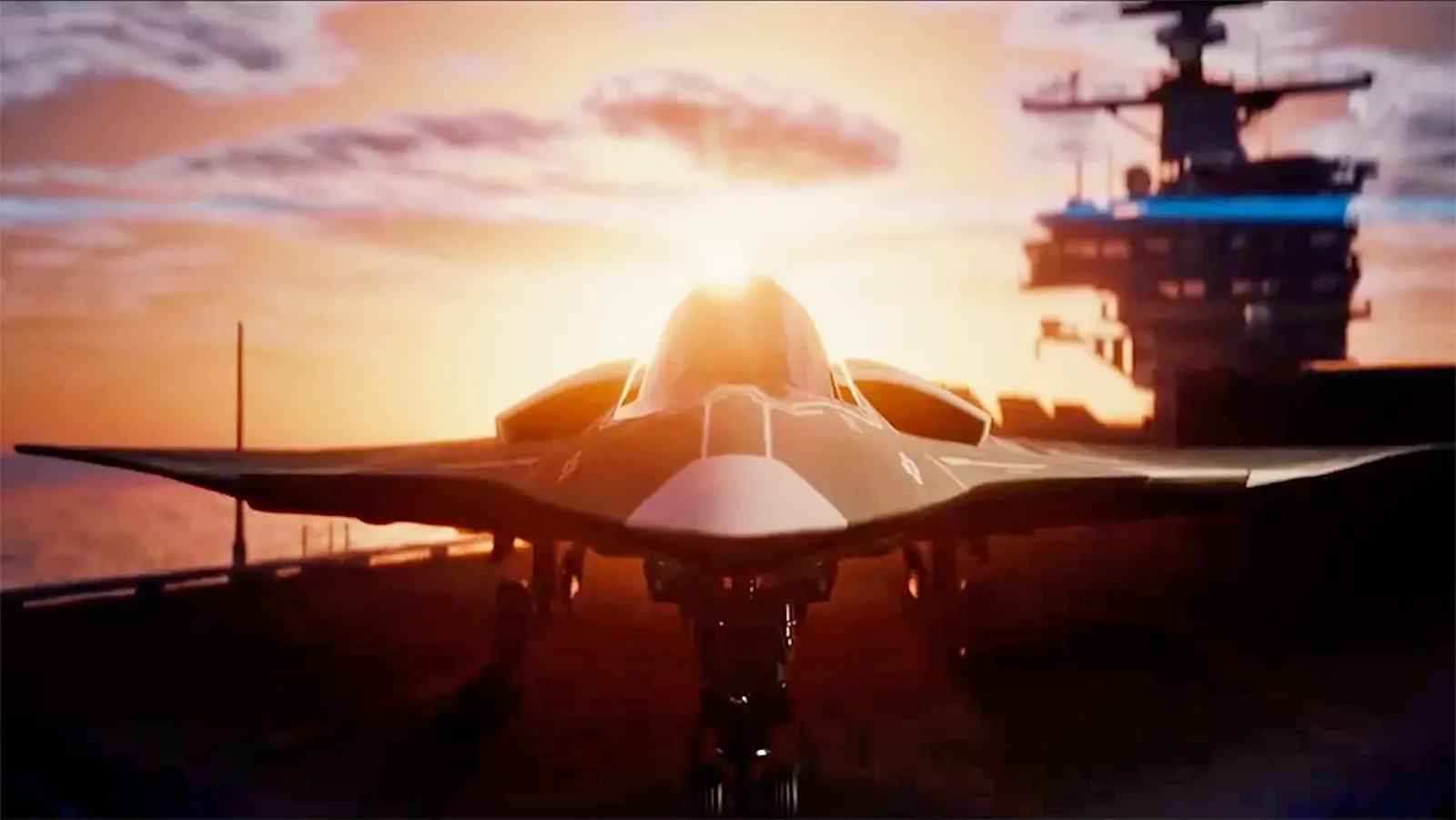 Avion de vânătoare naval F/A-XX pe un portavion la apus.