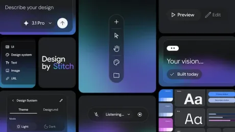 Interfața Stitch cu opțiuni de design și colaborare în timp real.