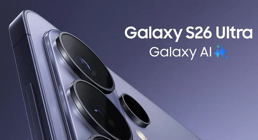 Detaliu al camerei de pe Galaxy S26 Ultra, cu un fundal elegant.
