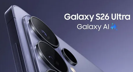 Detaliu al camerei de pe Galaxy S26 Ultra, cu un fundal elegant.