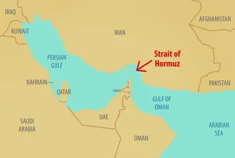 Harta strâmtorii Ormuz, evidențiind zona interzisă anunțată de Iran.