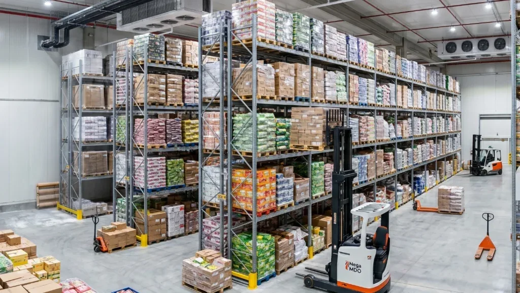 Depozit frigorific modern cu rafturi pline de produse diverse în Chiajna.