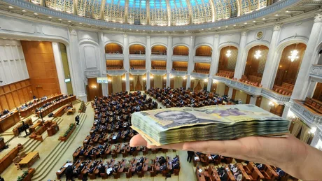 Sesiune parlamentară cu bancnote și demnitari în sală, evidențiind transparența financiară.