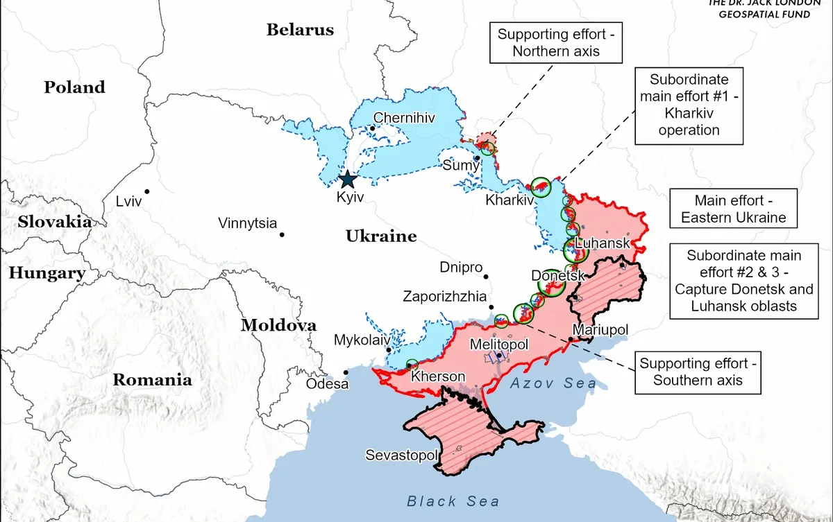 Harta detaliată a situației militare din Ucraina, evidențiind avansurile și pozițiile forțelor.