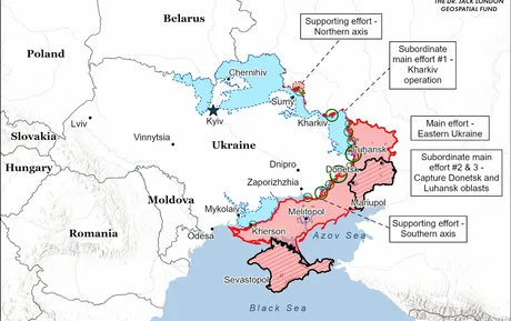 Harta detaliată a situației militare din Ucraina, evidențiind avansurile și pozițiile forțelor.