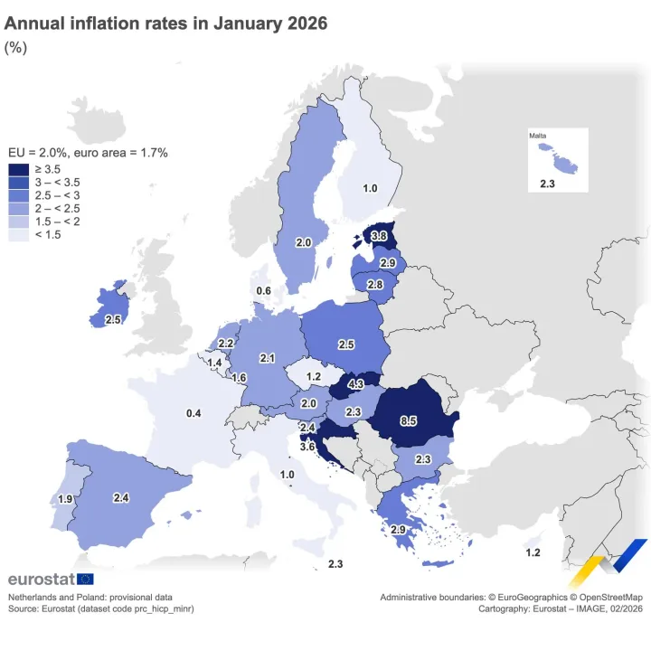 Harta Europei cu ratele anuale ale inflației în 2026.