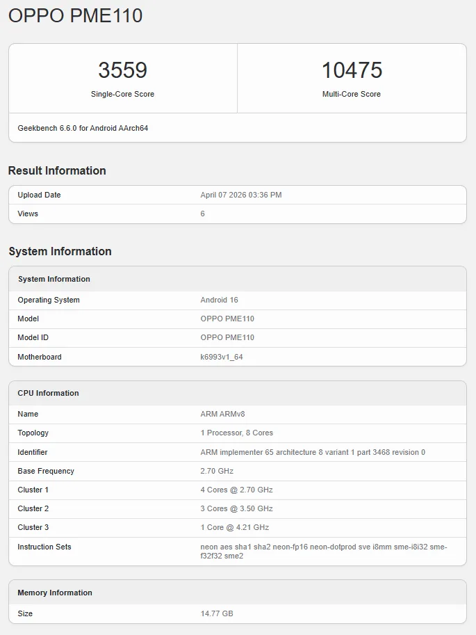 Scoruri Geekbench pentru Oppo Find X9s Pro, 3559 single-core, 10475 multi-core.