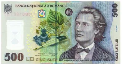 Bancnotă de 500 lei cu Mihai Eminescu pe avers.