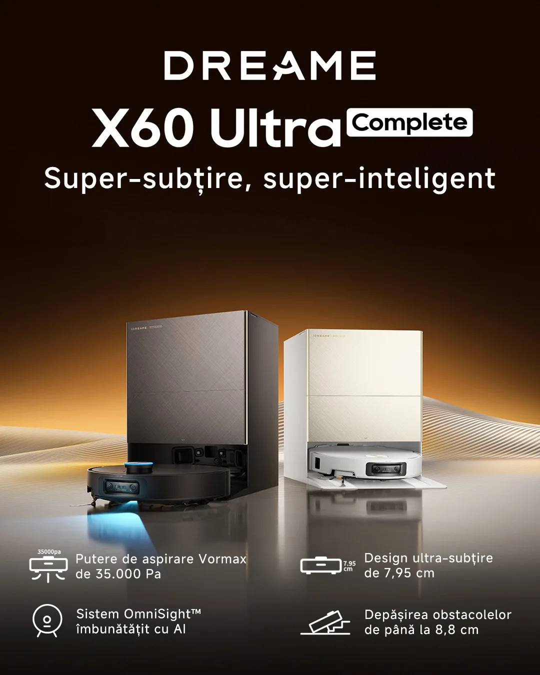 Robotul Dreame X60 Ultra Complete cu design subțire și putere mare de aspirare.