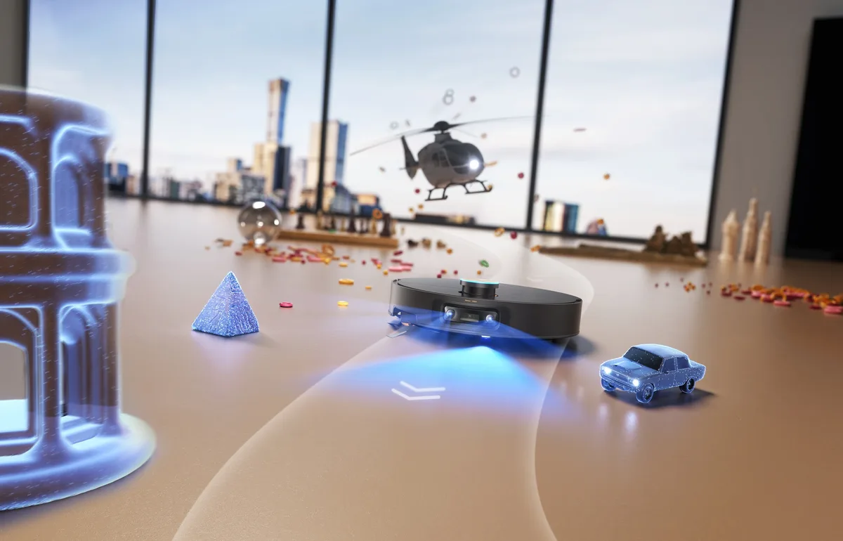 Robotul de aspirare navigând printre obstacole cu ajutorul tehnologiei avansate.