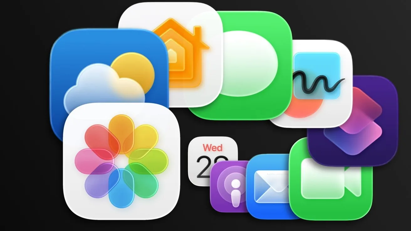Logo-uri ale aplicațiilor Apple pe un fundal întunecat, evidențiind diversitatea acestora.
