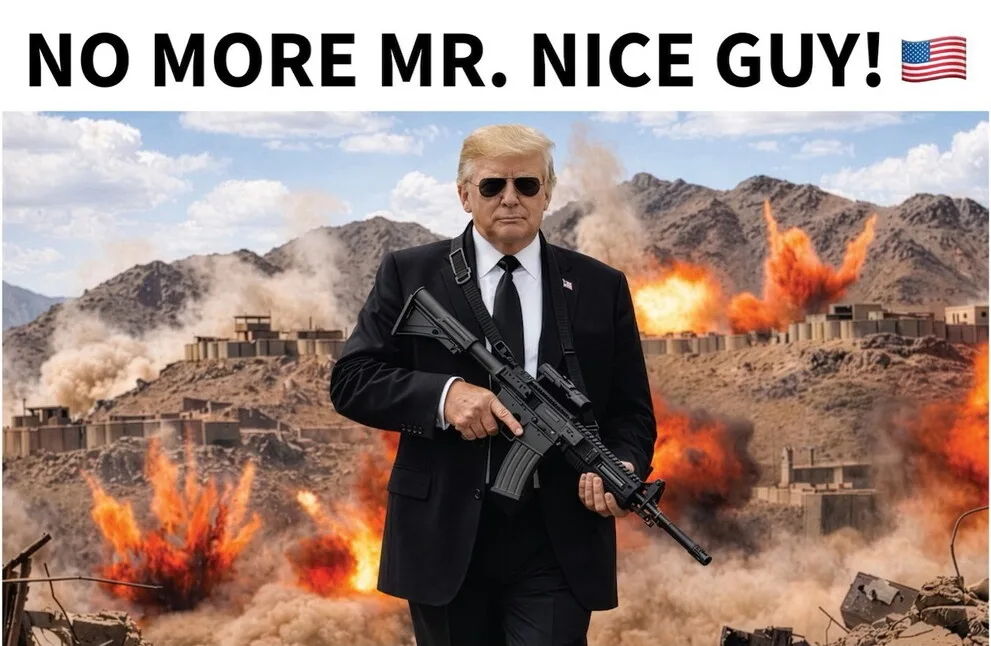 Donald Trump cu o mitralieră pe fundal de explozii, mesaj provocator pentru Iran.