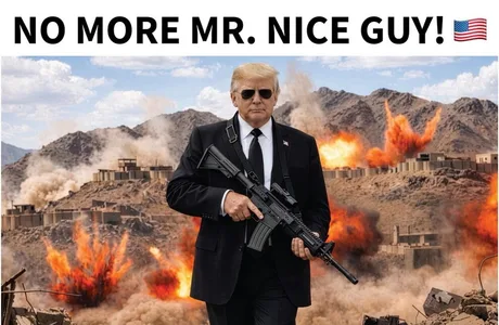 Donald Trump cu o mitralieră pe fundal de explozii, mesaj provocator pentru Iran.
