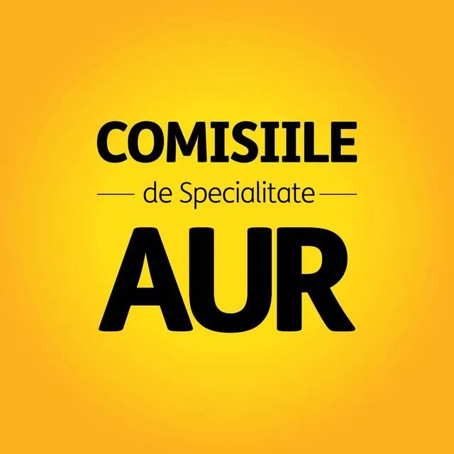 Logo AUR pe fundal galben, evidențiind comisiile de specialitate.