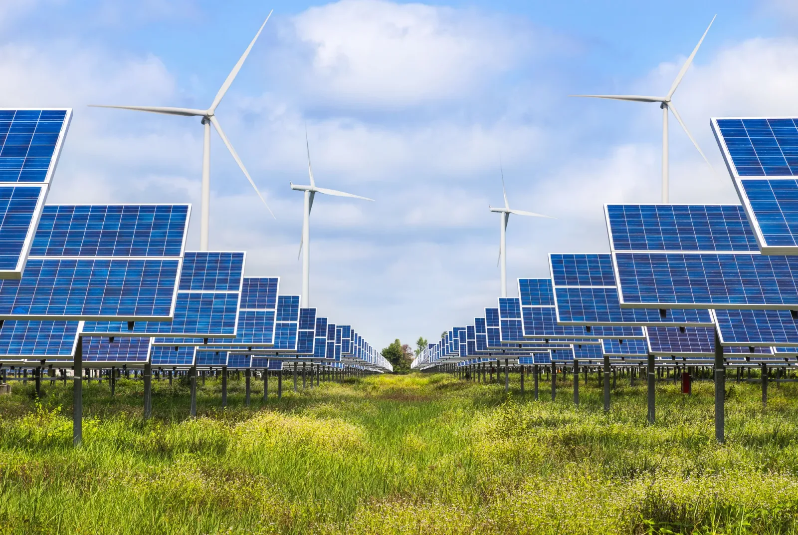 Panouri solare și turbine eoliene într-un peisaj verde.