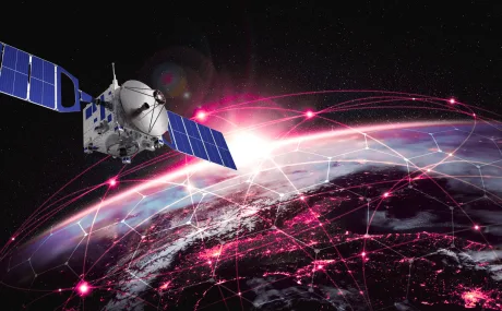 Satelit de comunicații orbitând Pământul, rețea globală conectată.