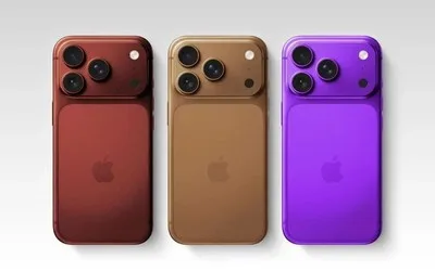 Trei modele de iPhone 18 Pro în culori variate, expuse pe un fundal simplu.
