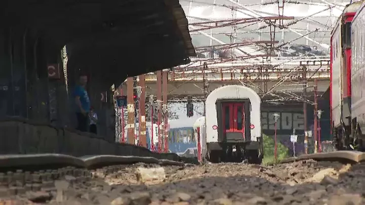 Gara feroviară cu trenuri parcate și călători așteptând.