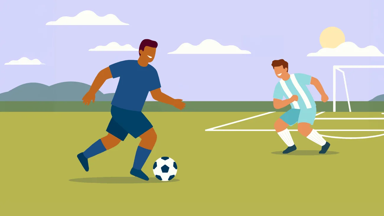 Jucători de fotbal pe teren, în timpul unui meci competitiv.