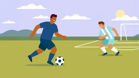 Jucători de fotbal pe teren, în timpul unui meci competitiv.