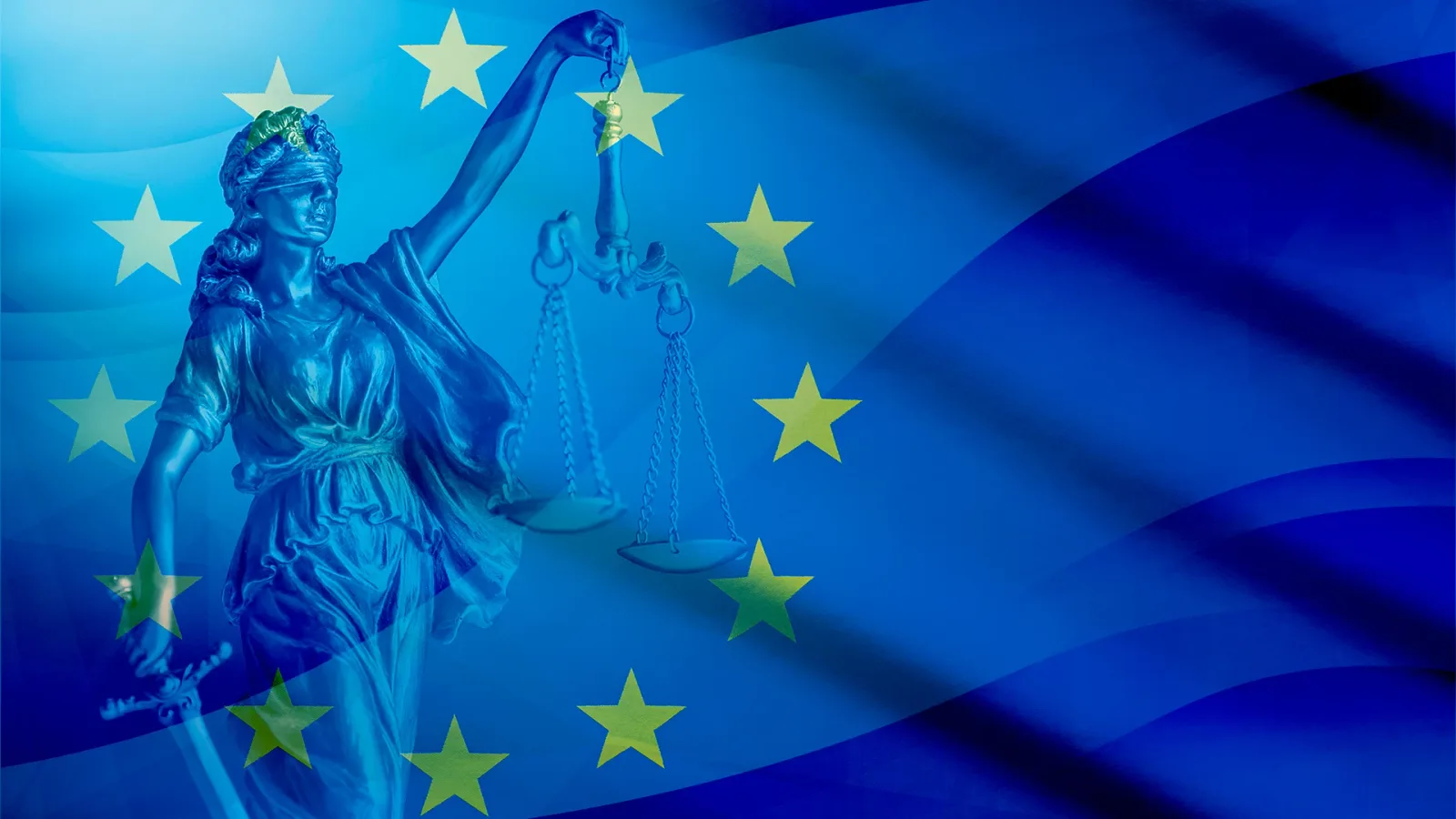 Simbol al justiției pe fundalul steagului Uniunii Europene.