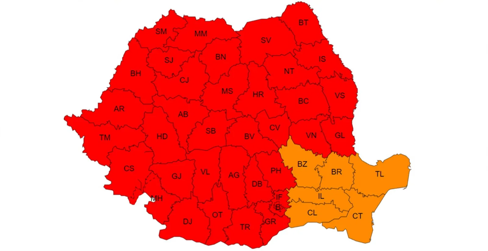 Harta României cu zone afectate de codul roșu de caniculă.