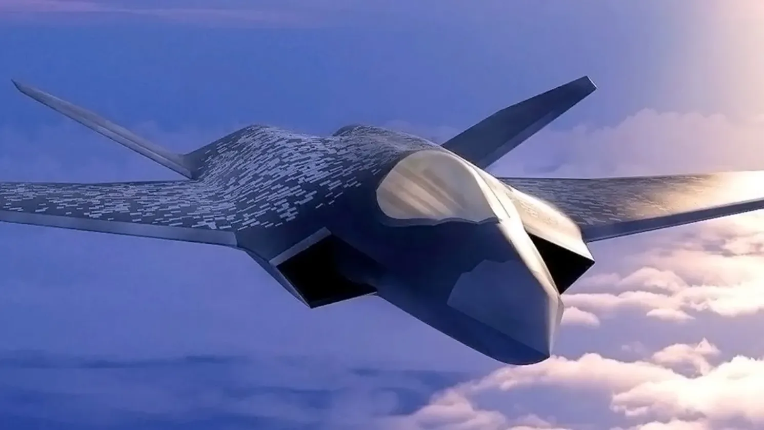 Avion de luptă futurist zburând printre nori, simbolizând inovația în aviația militară europeană.