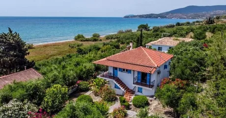 O locuință pe malul mării în Grecia, înconjurată de vegetație luxuriantă.