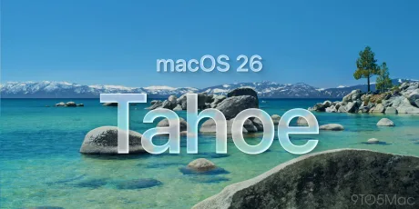 Peisaj de lac cu stânci și munți în fundal, reprezentând macOS Tahoe.