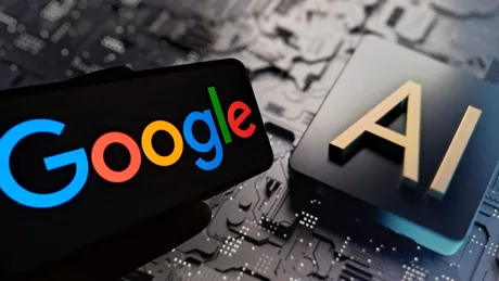Logo Google și simbol AI pe un fundal tehnologic modern