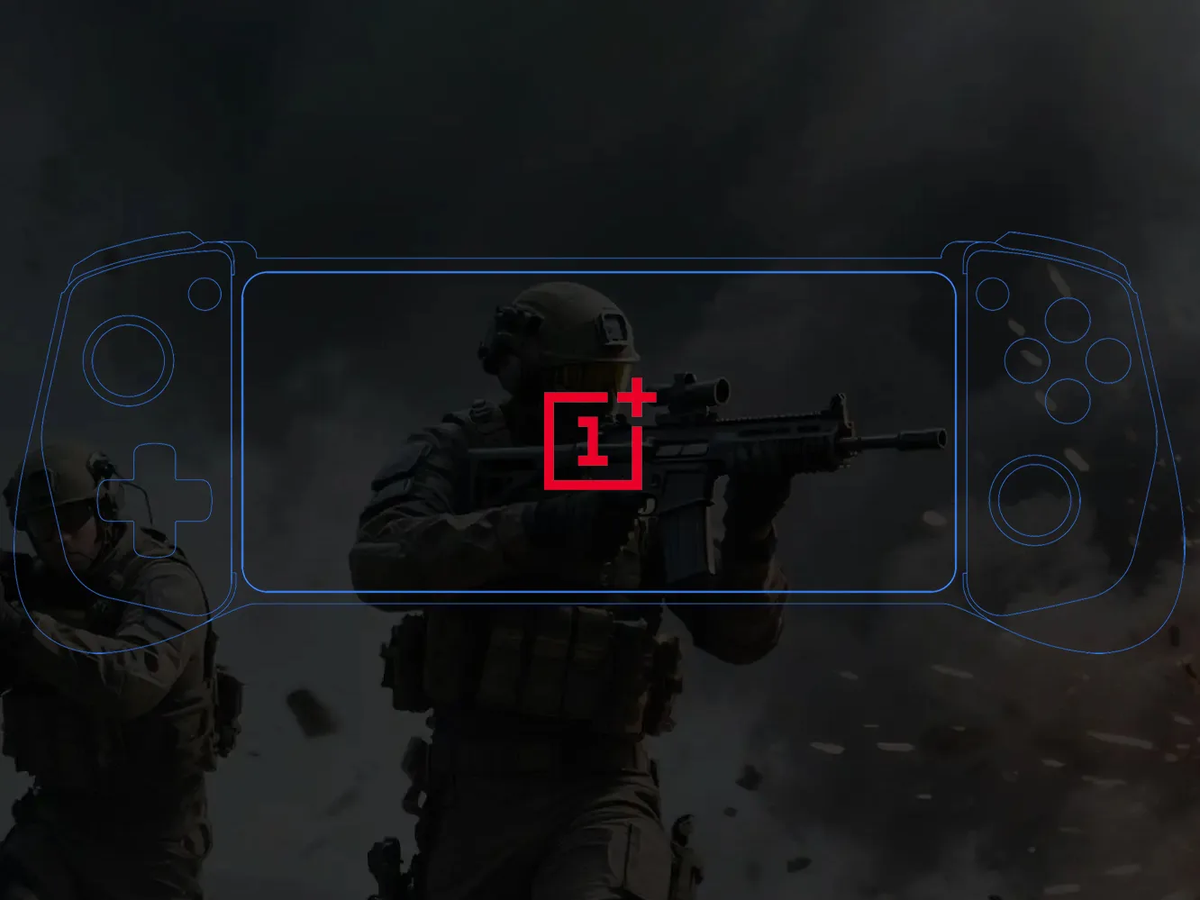 Concept grafic al unei console portabile OnePlus în acțiune, cu soldați în fundal.