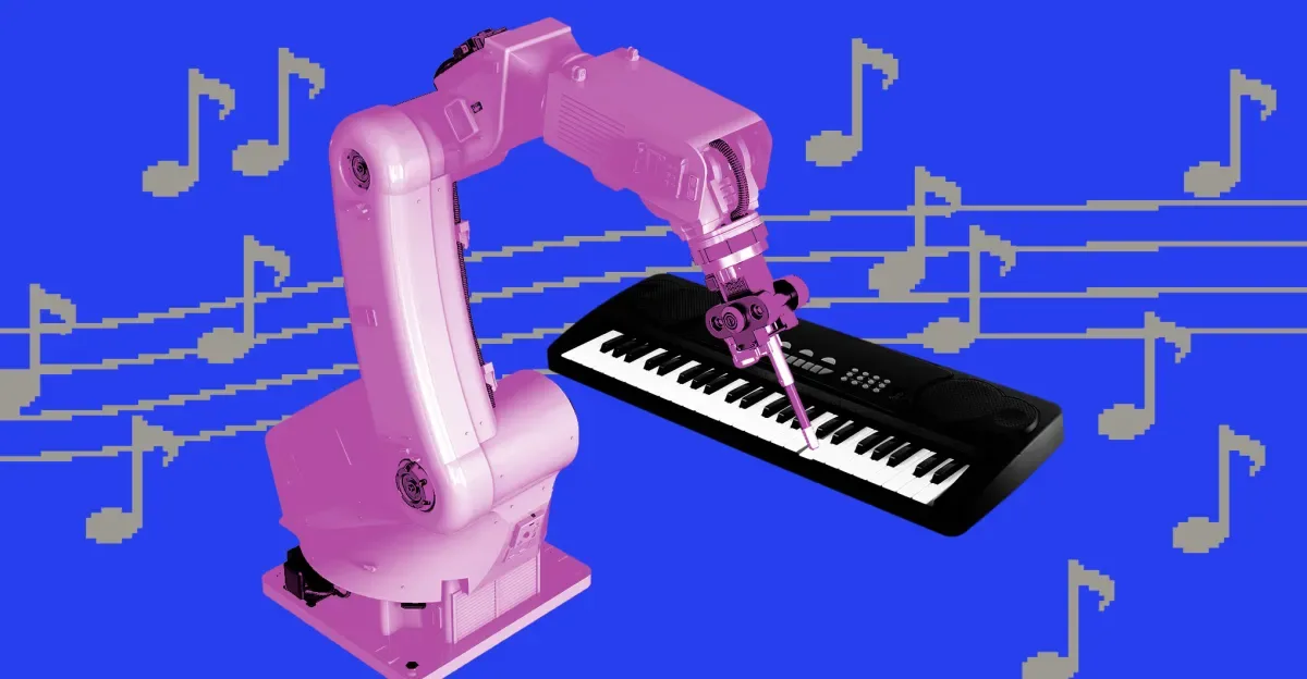 Un robot roz cântă la un pian pe fundal albastru cu note muzicale.