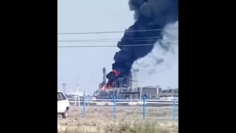 Fum gros se ridică de la o rafinărie în flăcări.