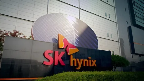 Logo-ul SK Hynix pe clădire, simbolizând inovația în tehnologia DRAM.