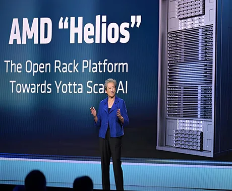 Prezentare despre infrastructura AI Helios de către AMD în India.