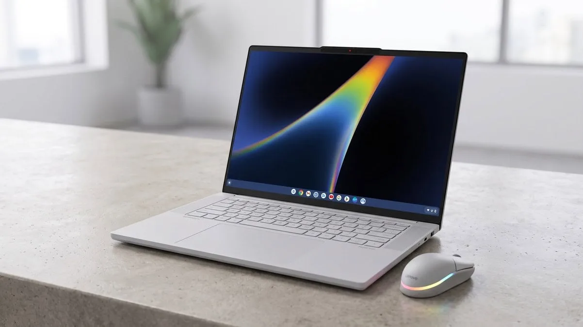Laptop Lenovo cu ecran OLED și procesor Intel Core Ultra pe un birou modern.