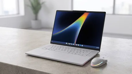 Laptop Lenovo cu ecran OLED și procesor Intel Core Ultra pe un birou modern.