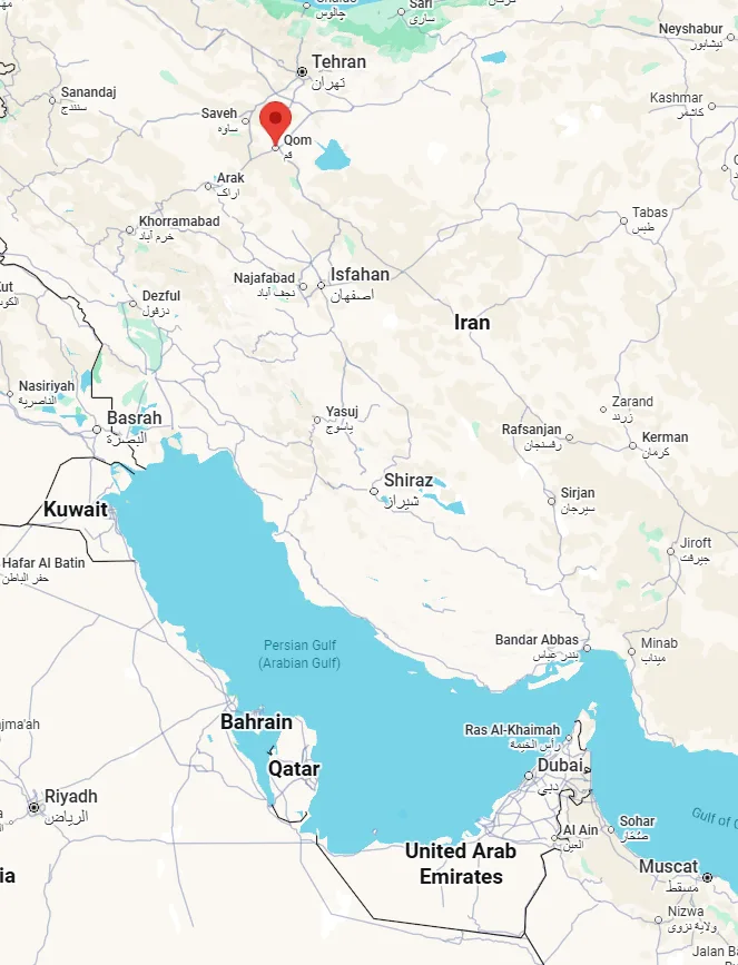 Harta care arată localizarea orașului Qom în Iran.