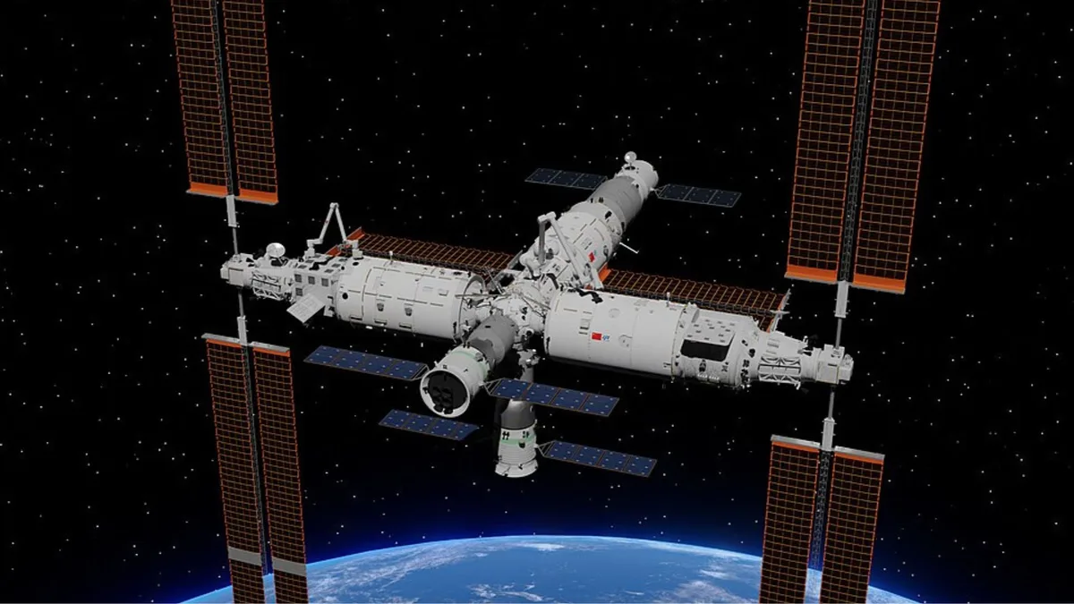 Stația spațială Tiangong în expansiune, cu șase module planificate.